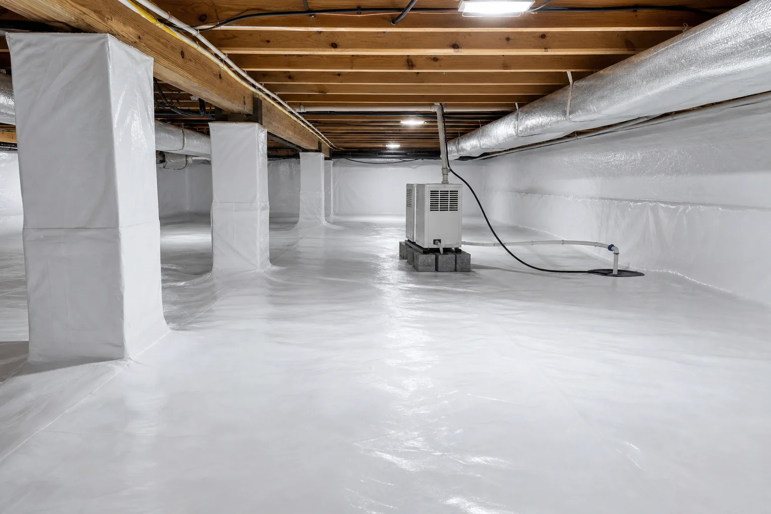 Crawl space encapsulation after vapor barrier install in Farragut, TN