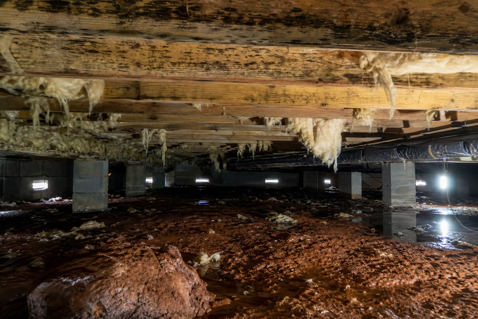 Crawl space moisture damage before vapor barrier in Farragut, TN
