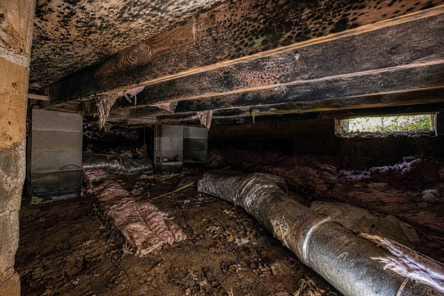Damaged crawl space with mold in Knoxville, TN before repair